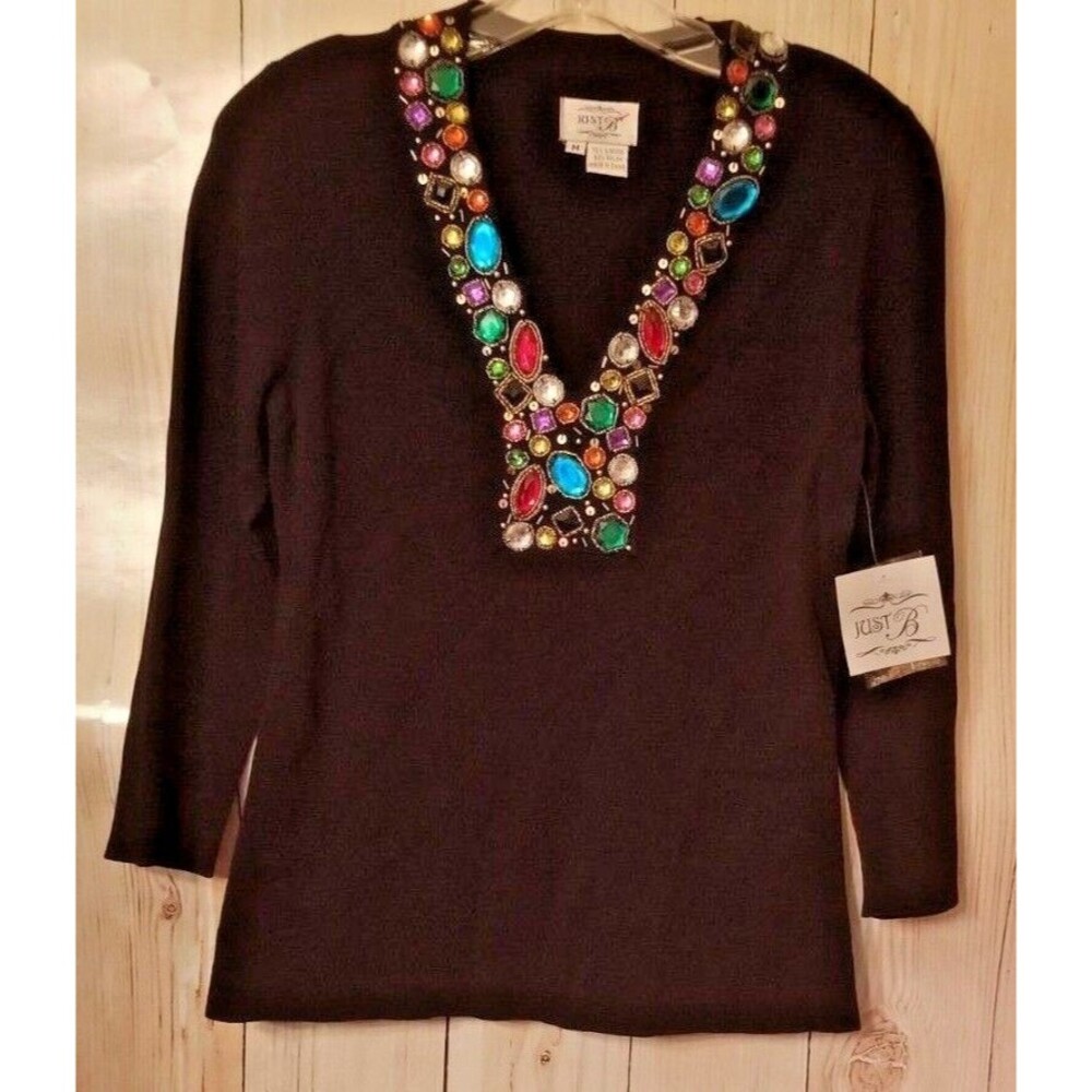 Jeweled Beaded Knit Top Women's Boutique CHIC Unique Event Elegant Medium - Picture 2 of 6